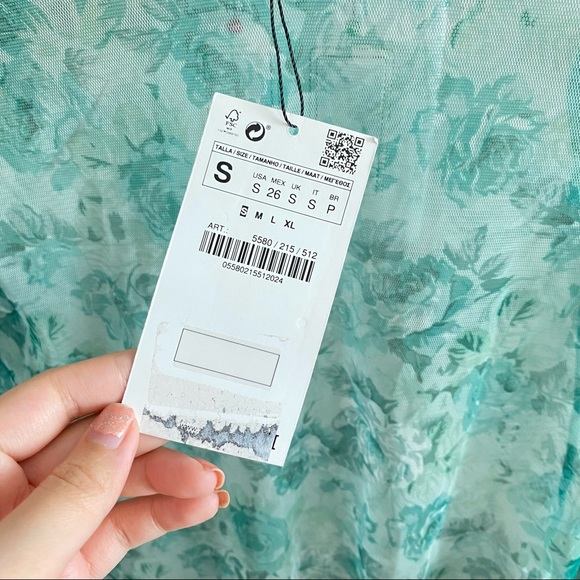 NEW ZARA Green Floral Mesh Sheer Top Ruched Blouse - Picture 6 of 10